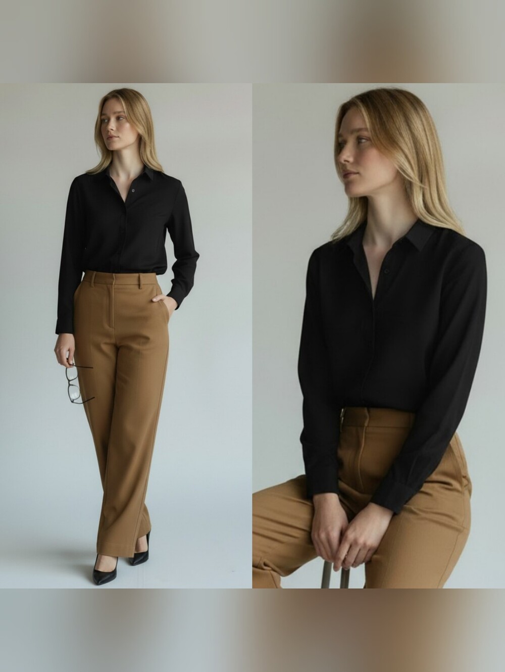 Eileen Fisher large silk button front shirt black long sleeves classic academia